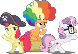 Size: 5000x3452 | Tagged: safe, artist:dashiesparkle, derpibooru import, apple bloom, scootaloo, sweetie belle, pony, hard to say anything, .svg available, absurd resolution, agent rainbow head, charlie's angels, cutie mark crusaders, female, filly, funny face, glasses, hat, hay bale, pirate hat, shimmering spectacles, simple background, spyrate, transparent background, trio, vector, wig