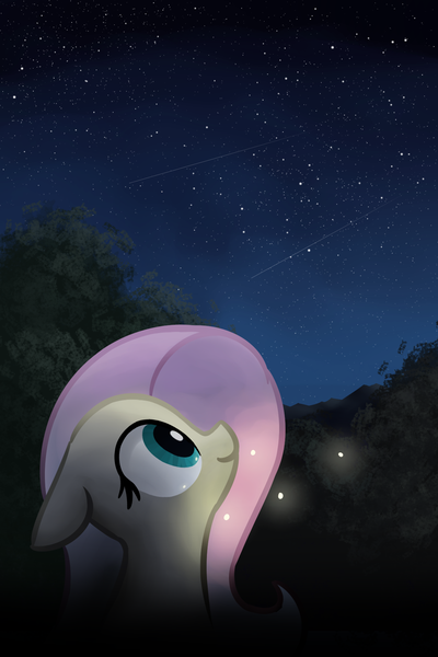 Size: 1200x1800 | Tagged: safe, artist:masserey, derpibooru import, fluttershy, firefly (insect), insect, pony, bust, female, floppy ears, looking up, mare, night, shooting star, smiling, solo, space, stargazing, starry night
