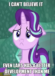 Size: 792x1080 | Tagged: safe, derpibooru import, edit, edited screencap, screencap, starlight glimmer, pony, unicorn, the crystalling, :<, caption, cropped, drama, female, floppy ears, image macro, lars barriga, mare, meme, sadlight glimmer, solo, spoilers for another series, starlight drama, steven universe, text