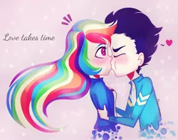 Size: 1652x1296 | Tagged: safe, artist:dagnesmoon, derpibooru import, rainbow dash, soarin', human, female, humanized, kissing, male, shipping, soarindash, straight