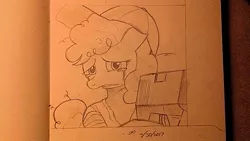 Size: 664x374 | Tagged: artist needed, safe, derpibooru import, pinkie pie, ponified, pony, baseball cap, cap, clementine (walking dead), crying, female, filly, gun, handgun, hat, lip bite, looking at you, monochrome, pistol, solo, spoilers for another series, traditional art, weapon, younger