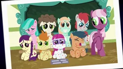 Size: 1920x1080 | Tagged: safe, derpibooru import, screencap, aquamarine, boysenberry, cheerilee, first base, gallop j. fry, little red, peach fuzz, super funk, train tracks (character), pony, a flurry of emotions, chalkboard, cough, female, filly, floppy ears, horsey hives, one of these things is not like the others, photo, ponyville schoolhouse, school, sick