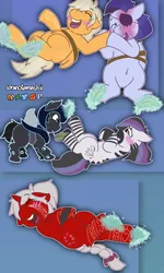 Size: 3000x5000 | Tagged: safe, artist:soranotamashii, derpibooru import, oc, oc:blue dusk, oc:crimson (ice1517), oc:espio, oc:sandy storms, oc:sha'leka, unofficial characters only, bat pony, changeling, pony, unicorn, zebra, absurd resolution, belly button, blushing, bondage, bow, burn, changeling oc, crying, eyepatch, eyes closed, feather, female, fetish, hoof tickling, laughing, male, mare, mouth hold, oc x oc, rope, rope bondage, shipping, stallion, straight, tattoo, tears of laughter, tickle fetish, tickle torture, tickling, underhoof