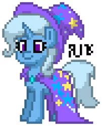 Size: 230x285 | Tagged: safe, artist:radical user 76, derpibooru import, trixie, pony, unicorn, pony town, cape, clothes, hat, simple background, smiling, solo, trixie's cape, trixie's hat, white background