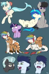 Size: 2000x3000 | Tagged: safe, artist:spirit-dude, derpibooru import, coco pommel, octavia melody, soarin', thunderlane, twilight sparkle, vinyl scratch, oc, dracony, dragon, hybrid, merpony, pegasus, pony, cocobetes, colored sketch, cute, eyes closed, female, fetish, floppy ears, lesbian, male, mare, micro, resting, scratchtavia, shipping, simple background, size difference, smiling, stallion, tongue out, vore