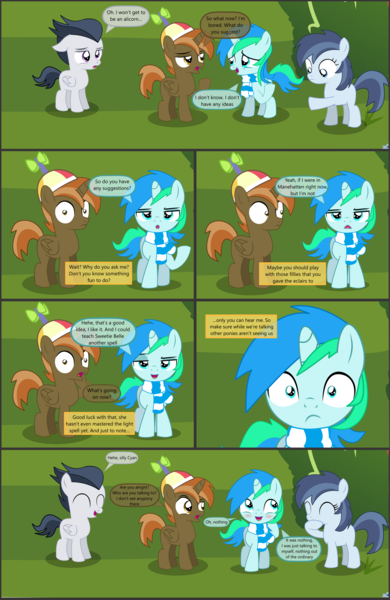 Size: 4550x7000 | Tagged: safe, artist:cyanlightning, derpibooru import, button mash, rumble, shady daze, oc, oc:cyan lightning, alicorn, earth pony, pegasus, pony, unicorn, comic:cyan's adventure, .svg available, absurd resolution, alicornified, blushing, breaking the fourth wall, buttoncorn, clothes, colt, comic, female, filly, hat, levitation, magic, male, narrator, race swap, rule 63, scarf, telekinesis, vector