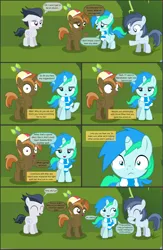 Size: 4550x7000 | Tagged: safe, artist:cyanlightning, derpibooru import, button mash, rumble, shady daze, oc, oc:cyan lightning, alicorn, earth pony, pegasus, pony, unicorn, comic:cyan's adventure, .svg available, absurd resolution, alicornified, blushing, breaking the fourth wall, buttoncorn, clothes, colt, comic, female, filly, hat, levitation, magic, male, narrator, race swap, rule 63, scarf, telekinesis, vector