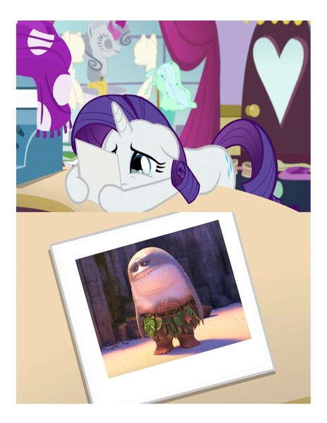 Size: 1275x1650 | Tagged: safe, derpibooru import, edit, edited screencap, screencap, rarity, pony, forever filly, exploitable meme, maui, meme, moana, obligatory pony, photo, rarity's photo, solo