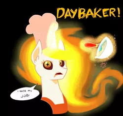 Size: 1095x1032 | Tagged: safe, artist:princesketchy, derpibooru import, daybreaker, alicorn, pony, a royal problem, baker, black background, bowl, chef's hat, dialogue, female, hat, looking at you, mane of fire, mare, pun, simple background, solo, speech, speech bubble, talking, wingding eyes