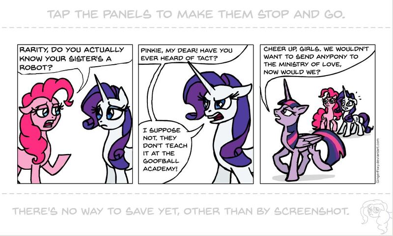 Size: 1002x602 | Tagged: safe, artist:gingerfoxy, derpibooru import, pinkie pie, rarity, twilight sparkle, twilight sparkle (alicorn), alicorn, pony, pony comic generator, 1984, comic