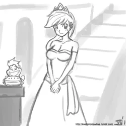 Size: 1280x1280 | Tagged: applejack, artist:johnjoseco, ask gaming princess luna, beautiful, clothes, crossover, cute, derpibooru import, disney, dress, food, frog, funny, grayscale, grin, human, humanized, implied shipping, implied soarinjack, implied straight, monochrome, pie, pretty, princess, safe, smiling, soarin', the princess and the frog