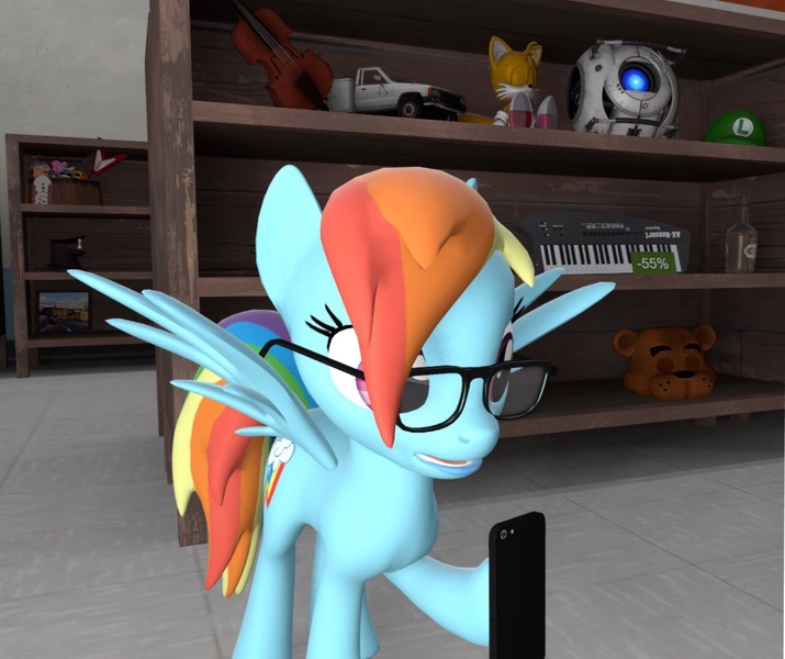 Size: 1800x1511 | Tagged: safe, artist:goatcanon, derpibooru import, rainbow dash, pony, 3d, bottle, car, classic tails, crossover, egghead dash, five nights at freddy's, freddy fazbear, ghostly gibus, glasses, iphone, keyboard, l4d truck, l4d utility truck, left 4 dead, left 4 dead 2, luigi, magnetic hooves, miles "tails" prower, musical instrument, painting, personality core, portal (valve), reading rainboom, shocked, solo, sonic the hedgehog (series), source filmmaker, store, store display, tail, toyota, truck, utility truck, violin, wheatley