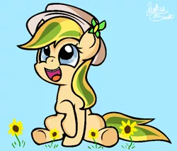 Size: 661x562 | Tagged: safe, artist:pinkiepie6680, derpibooru import, oc, oc:sunflower (pinkiepie6680), unofficial characters only, earth pony, pony, blue background, female, filly, flower, hat, simple background, sitting, solo, sunflower