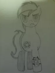 Size: 3096x4128 | Tagged: artist needed, safe, derpibooru import, oc, oc:element 115 war-unit " k' ", unofficial characters only, pony, robot, absurd resolution, female, filly, glare, looking at you, mini-gun, monochrome, solo