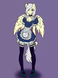 Size: 900x1200 | Tagged: anthro, anthro oc, artist:linedraweer, clothes, collar, commission, derpibooru import, female, garters, maid, oc, oc:silver, oc:silverlay (pegasus), outfit, safe, simple background, socks, solo, thigh highs, unguligrade anthro, unofficial characters only, wings