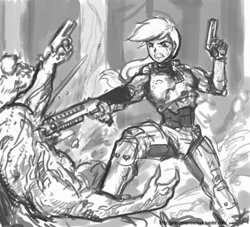 Size: 1000x909 | Tagged: applejack, artist:johnjoseco, ask gaming princess luna, combat form, crossover, derpibooru import, fight, grayscale, gun, halo (series), handgun, human, humanized, master chief, mjolnir (armor), monochrome, pistol, safe, shotgun, the flood, weapon