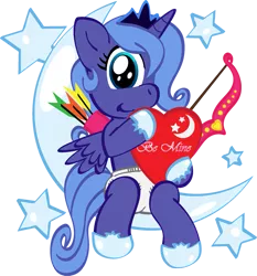 Size: 705x756 | Tagged: safe, artist:redfoxjake, derpibooru import, princess luna, cyclops, pony, arrow, bow (weapon), cupid, cute, diaper, female, filly, heart, lunabetes, moon, quiver, simple background, sitting, solo, tangible heavenly object, transparent background, woona, younger