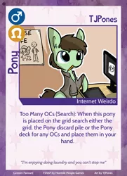 Size: 788x1088 | Tagged: safe, artist:tjpones, derpibooru import, oc, oc:brownie bun, oc:richard, oc:tjpones, unofficial characters only, earth pony, human, pony, twilight sparkle's secret shipfic folder, card, chest fluff, clothes, computer, ear fluff, female, graphics tablet, male, mare, mouth hold, ponysona, poster, solo, stallion