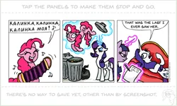 Size: 1010x607 | Tagged: safe, artist:gingerfoxy, derpibooru import, pinkie pie, rarity, twilight sparkle, earth pony, pony, unicorn, pony comic generator, :<, :c, abuse, accordion, bipedal, comic, couch, cute, cyrillic, derp, diapinkes, eyes closed, fainting couch, female, floppy ears, frown, happy, hoof hold, into the trash it goes, kalinka, levitation, lidded eyes, magic, mare, music, music notes, musical instrument, on back, open mouth, pinkiebuse, raribitch, russian, simple background, singing, smiling, speech bubble, telekinesis, text, trash, trash can, unicorn twilight, white background, wide eyes, writing