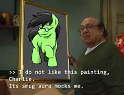 Size: 500x381 | Tagged: artist needed, safe, derpibooru import, oc, oc:anon, oc:colt anon, unofficial characters only, earth pony, pony, anoncolt, colt, danny devito, glasses, it's always sunny in philadelphia, male, meme, painting, smug
