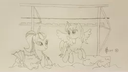 Size: 4032x2268 | Tagged: safe, artist:parclytaxel, derpibooru import, sonata dusk, oc, oc:parcly taxel, alicorn, merpony, pony, siren, ain't never had friends like us, albumin flask, equestria girls, absurd resolution, alicorn oc, female, flying, hong kong, horn, horn ring, lineart, mare, monochrome, parcly in hong kong, pencil drawing, pier, ring, rock, sai wan, seduction, sirens doing siren things, smiling, story included, tail, traditional art, water, wave, wings