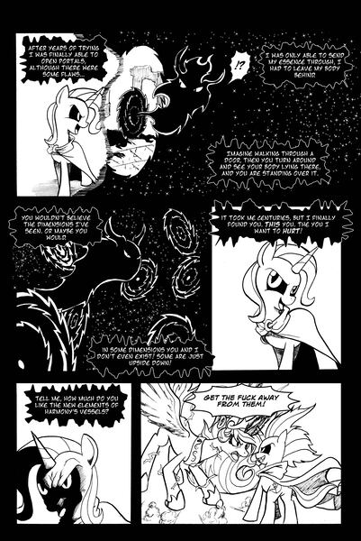 Size: 3311x4952 | Tagged: questionable, artist:leon-z, derpibooru import, lord tirek, princess celestia, trixie, pony, unicorn, comic:returns endings & beginnings, absurd resolution, comic, dimension travel, female, mare, portal, possessed, vulgar