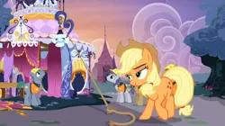 Size: 847x473 | Tagged: safe, derpibooru import, screencap, applejack, hard hat (character), jack hammer, rivet, steam roller (character), earth pony, pony, honest apple, carousel boutique, female, male, mare, rope, stallion