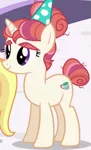 Size: 469x773 | Tagged: safe, derpibooru import, screencap, honey lemon, moondancer's sister, morning roast, pony, unicorn, amending fences, bushy brows, cropped, female, hat, mare, offscreen character, party hat, thick eyebrows