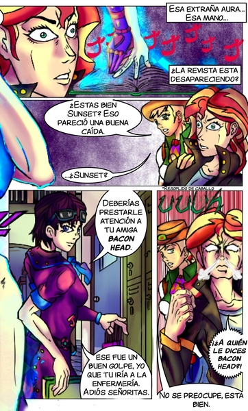 Size: 714x1184 | Tagged: safe, artist:brother-lionheart, derpibooru import, applejack, sunset shimmer, comic:twisted sunset, equestria girls, achtung baby, armpits, comic, crossover, jojo's bizarre adventure, older, question mark, shizuka joestar, spanish, stand, translation, ¿, ¿?