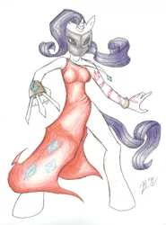 Size: 1589x2145 | Tagged: safe, artist:lordvader914, derpibooru import, rarity, anthro, unguligrade anthro, balrog (japanese), clothes, colored pencil drawing, cosplay, costume, dress, female, image, jpeg, solo, street fighter, traditional art, vega, weapon