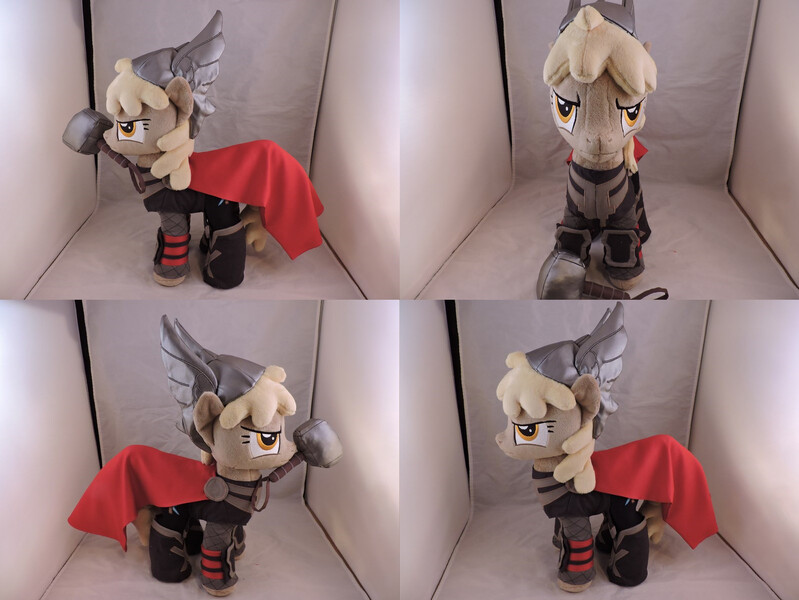 Size: 1597x1199 | Tagged: safe, artist:little-broy-peep, derpibooru import, mjölna, pony, cape, clothes, cosplay, costume, crossover, hammer, irl, mjölnir, mouth hold, photo, plushie, solo, thor, war hammer, weapon