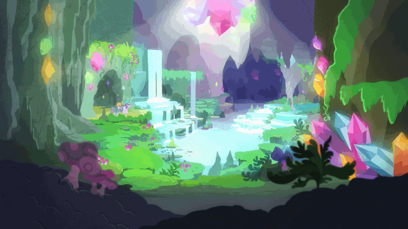 Size: 1920x1080 | Tagged: safe, derpibooru import, screencap, maud pie, starlight glimmer, pony, rock solid friendship, animated, cave, crystal, gem, gif, glow, glowing gems, grotto, lake, maud's cave, moss, mushroom, plant, scenery, scenery porn, underground, waterfall