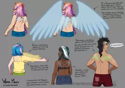 Size: 1386x980 | Tagged: adopted offspring, artificial wings, artist:hazurasinner, augmented, clothes, dark skin, derpibooru import, female, gray background, human, humanized, humanized oc, hybrid, interspecies offspring, magic, magical lesbian spawn, magic wings, male, oc, oc:harmony (hazurasinner), oc:lucky moonflower, oc:prince pandemonium, oc:windy belle, offspring, parent:discord, parent:fluttershy, parent:princess celestia, parent:princess luna, parent:rainbow dash, parents:dislestia, parents:flutterdash, partial nudity, safe, simple background, tanktop, topless, unofficial characters only, winged humanization, wings