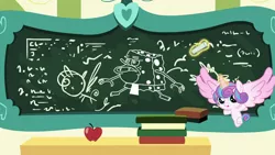 Size: 1280x720 | Tagged: safe, derpibooru import, edit, edited screencap, screencap, princess flurry heart, pony, a flurry of emotions, diaperless edit, exploitable meme, flurry art, flurry heart's chalkboard, meme, sb-129, solo, spongebob squarepants, spongegar