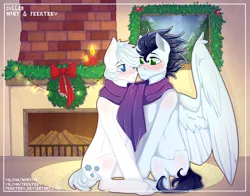 Size: 1280x1001 | Tagged: safe, artist:feekteev, derpibooru import, double diamond, soarin', pegasus, pony, blushing, candle, christmas, christmas wreath, clothes, colored pupils, crack shipping, gay, holiday, looking at each other, male, scarf, shared clothing, shared scarf, shipping, sitting, smiling, soarin'diamond, stallion, wreath