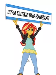 Size: 950x1278 | Tagged: safe, artist:manly man, derpibooru import, edit, sunset shimmer, equestria girls, colored pencil drawing, exploitable meme, female, it's time to stop, meme, sign, simple background, solo, sunset's board, traditional art, white background