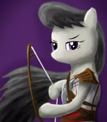 Size: 3500x4000 | Tagged: safe, artist:ifoldbooks, derpibooru import, octavia melody, earth pony, pony, archer, bipedal, bow (weapon), female, frown, gradient background, hoof hold, mare, purple background, simple background, solo, weapon