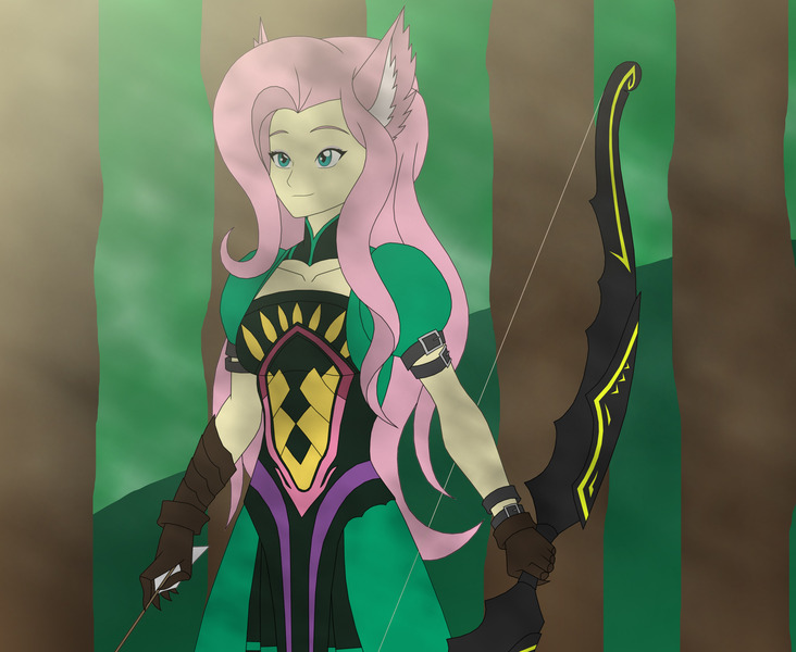 Size: 2970x2433 | Tagged: safe, artist:pyrus-leonidas, derpibooru import, fluttershy, equestria girls, animal ears, archer, archer of red, arrow, atalanta, bow (weapon), bow and arrow, clothes, crossover, fate/apocrypha, fate/grand order, forest, smiling, solo, tauropolos, tree, weapon