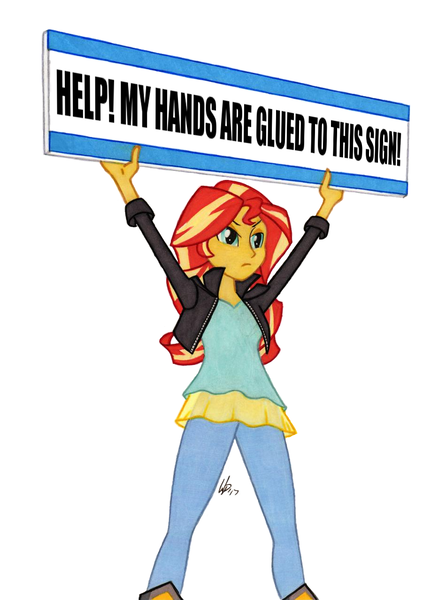 Size: 950x1278 | Tagged: safe, artist:manly man, derpibooru import, edit, sunset shimmer, equestria girls, exploitable meme, female, meme, sign, solo, sunset's board