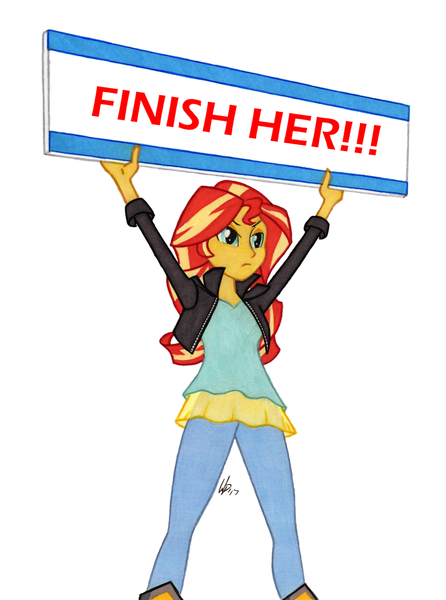 Size: 950x1278 | Tagged: safe, artist:manly man, derpibooru import, edit, sunset shimmer, equestria girls, exploitable meme, female, meme, mortal kombat, sign, solo, sunset's board