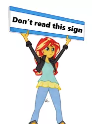 Size: 836x1125 | Tagged: safe, artist:manly man, derpibooru import, edit, sunset shimmer, equestria girls, exploitable meme, female, irony, meme, paradox, sign, solo, sunset's board, traditional art