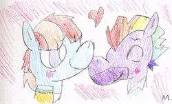 Size: 803x485 | Tagged: safe, artist:ptitemouette, derpibooru import, bow hothoof, windy whistles, pony, female, heart, male, rainbow dash's parents, shipping, straight, traditional art, windyhoof