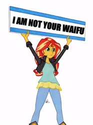 Size: 446x600 | Tagged: safe, artist:manly man, derpibooru import, edit, sunset shimmer, equestria girls, exploitable meme, female, meme, sign, simple background, solo, sunset's board, traditional art, waifu, white background
