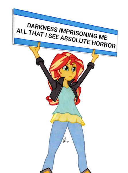 Size: 446x600 | Tagged: safe, artist:manly man, derpibooru import, edit, sunset shimmer, equestria girls, exploitable meme, female, meme, metallica, one(song), sign, simple background, solo, song reference, sunset's board, traditional art, white background