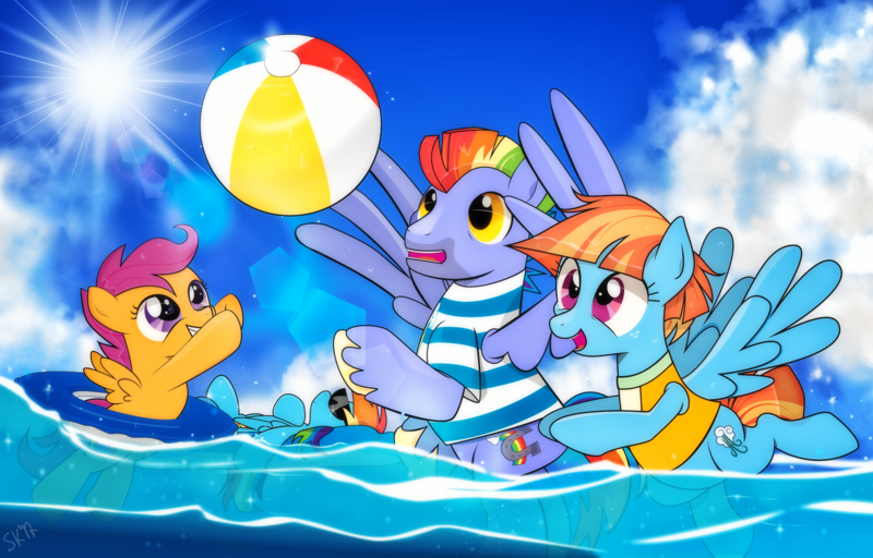 Size: 2012x1287 | Tagged: safe, artist:dsana, derpibooru import, bow hothoof, rainbow dash, scootaloo, windy whistles, pony, beach ball, clothes, family, inner tube, lens flare, rainbow dash's parents, relaxing, scootalove, shirt, summer, sun, sunglasses, water