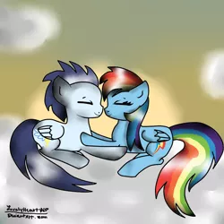 Size: 1000x1000 | Tagged: safe, artist:lovelyheartmlp, derpibooru import, rainbow dash, soarin', pony, backwards cutie mark, cloud, cuddling, female, male, old cutie mark, shipping, snuggling, soarindash, straight