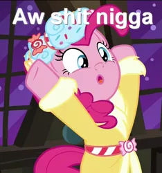 Size: 1011x1080 | Tagged: safe, derpibooru import, edit, edited screencap, screencap, pinkie pie, pony, a hearth's warming tail, bipedal, caption, cropped, hooves in air, image macro, racial slur, solo, text, vulgar
