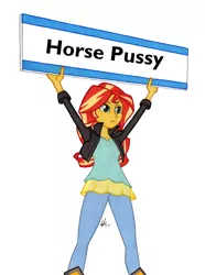 Size: 950x1278 | Tagged: suggestive, artist:manly man, derpibooru import, edit, sunset shimmer, equestria girls, exploitable meme, female, horse pussy, meme, sign, solo, sunset's board