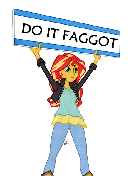 Size: 950x1278 | Tagged: safe, artist:manly man, derpibooru import, edit, sunset shimmer, equestria girls, do it, do it faggot, exploitable meme, female, meme, sign, solo, sunset's board, vulgar