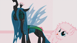 Size: 1197x675 | Tagged: suggestive, artist:mixermike622, derpibooru import, queen chrysalis, oc, oc:fluffle puff, changeling, changeling queen, pony, :p, :|, animated, blinking, canon x oc, chrysipuff, cute, cutealis, dork, dorkalis, female, fluffy, flyswatter, frown, gif, hoof hold, kinky, lesbian, lewd, looking back, loop, mare, out of context, shipping, silly, spanking, tongue out, wide eyes, youtube link